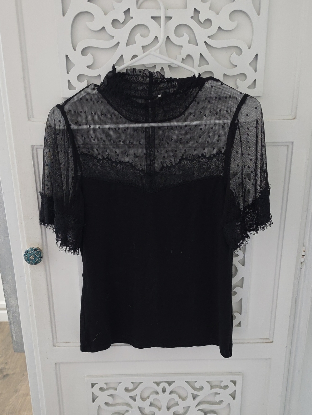 Lace & Sheer Black High-Neck Women's Top